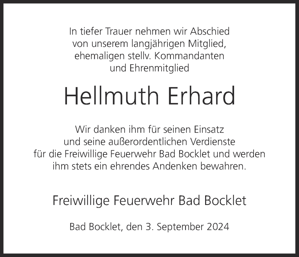 Traueranzeige für Hellmuth Erhard vom 03.09.2024 aus MGO