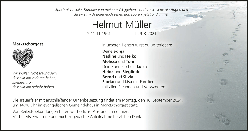  Traueranzeige für Helmut Müller vom 11.09.2024 aus MGO