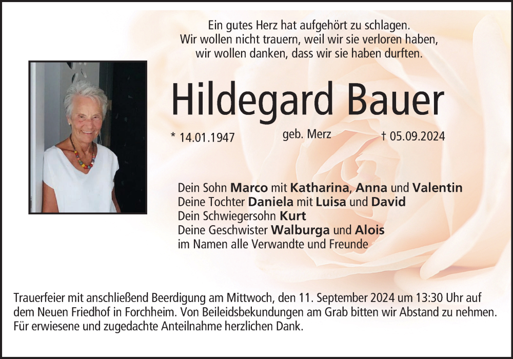  Traueranzeige für Hildegard Bauer vom 07.09.2024 aus MGO
