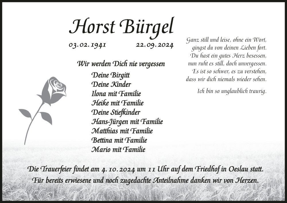  Traueranzeige für Horst Bürgel vom 28.09.2024 aus MGO