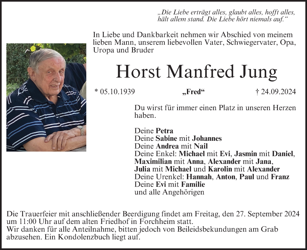  Traueranzeige für Horst Manfred Jung vom 26.09.2024 aus MGO