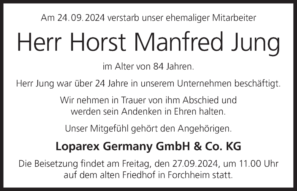  Traueranzeige für Horst Manfred Jung vom 26.09.2024 aus MGO
