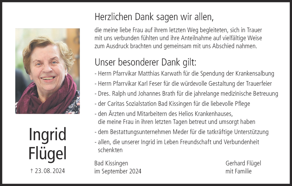  Traueranzeige für Ingrid Flügel vom 21.09.2024 aus MGO