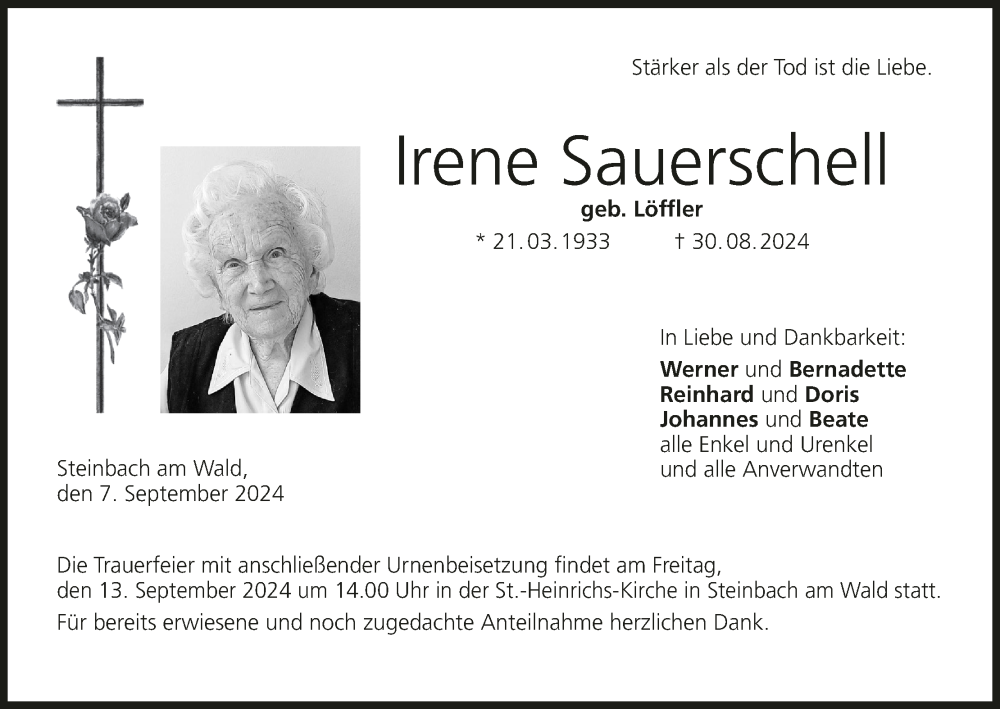  Traueranzeige für Irene Sauerschell vom 07.09.2024 aus MGO