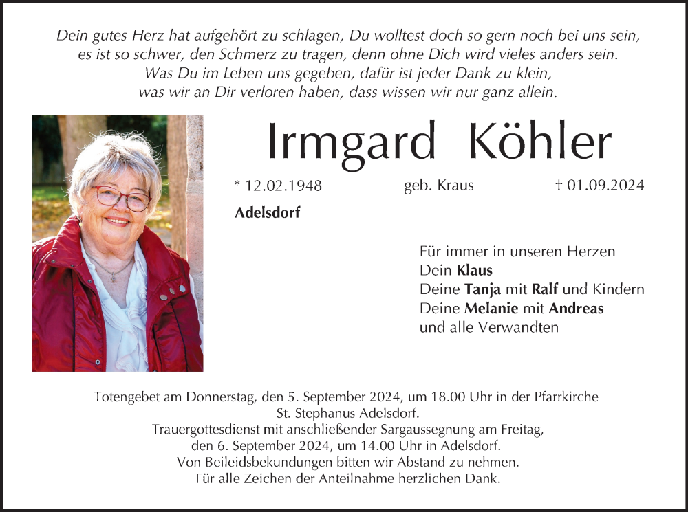  Traueranzeige für Irmgard Köhler vom 03.09.2024 aus MGO