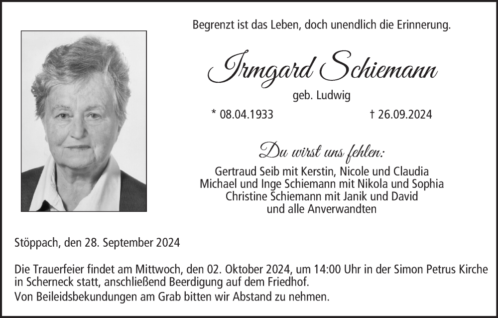  Traueranzeige für Irmgard Schiemann vom 28.09.2024 aus MGO