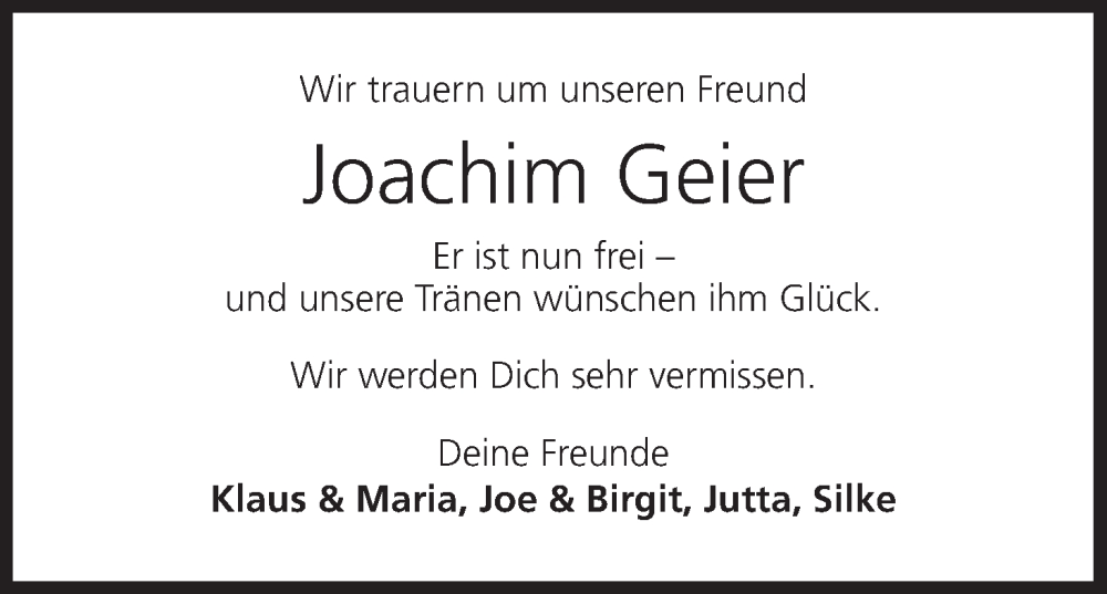  Traueranzeige für Joachim Geier vom 14.09.2024 aus MGO