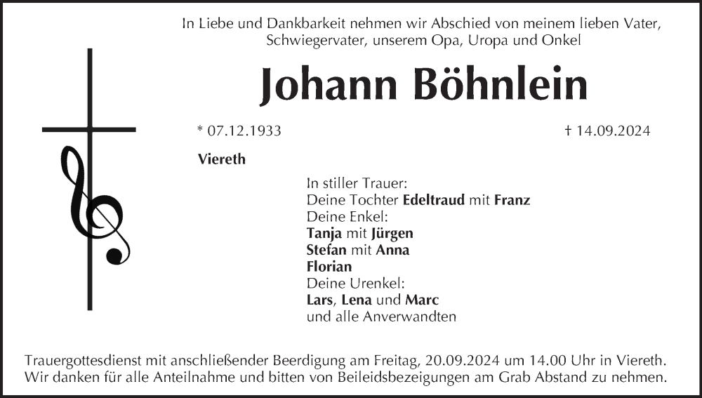  Traueranzeige für Johann Böhnlein vom 18.09.2024 aus MGO