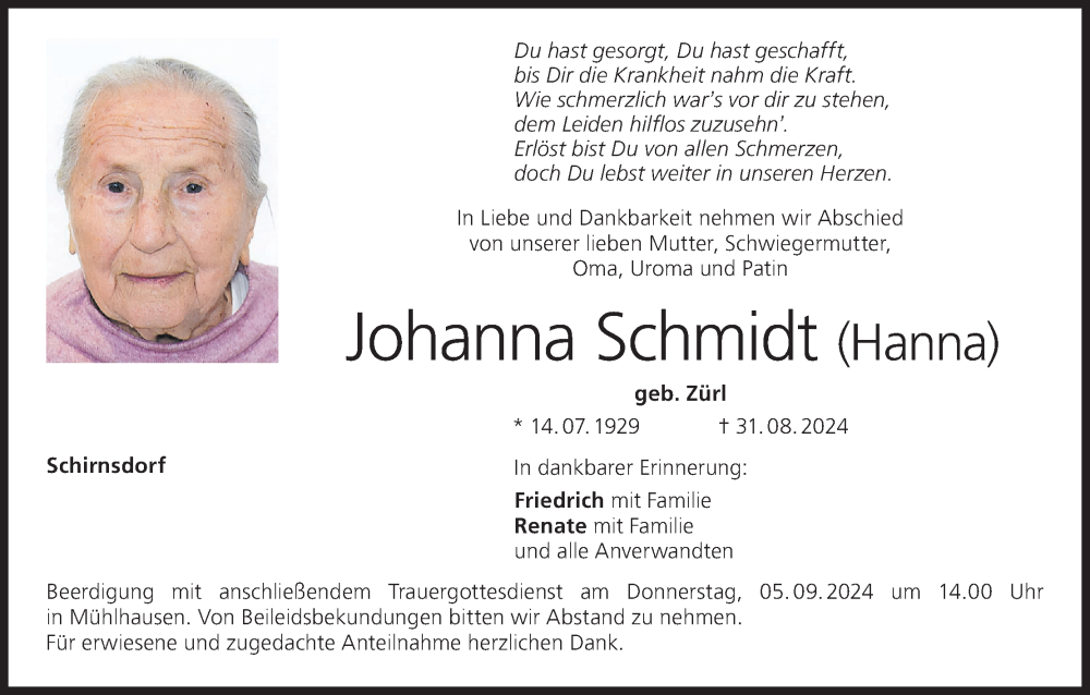  Traueranzeige für Johanna Schmidt vom 03.09.2024 aus MGO