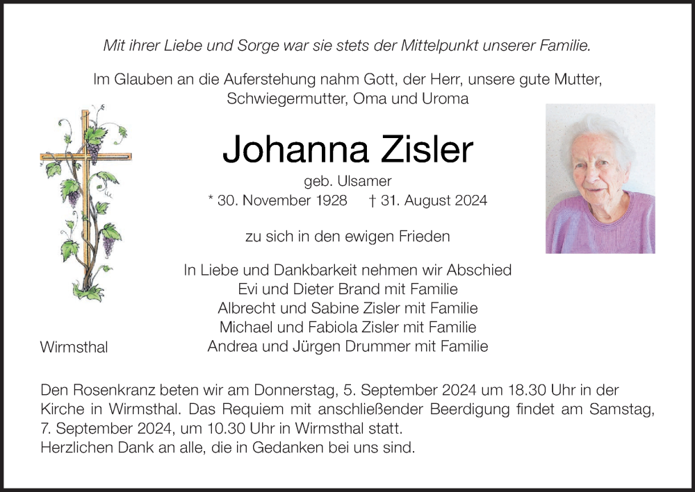  Traueranzeige für Johanna Zisler vom 04.09.2024 aus MGO