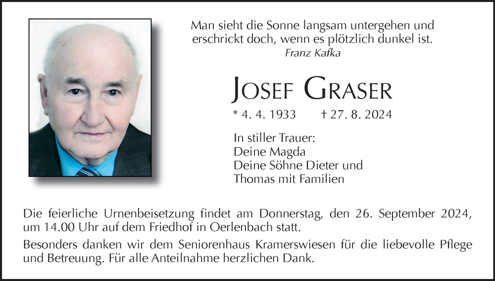  Traueranzeige für Josef Graser vom 07.09.2024 aus MGO