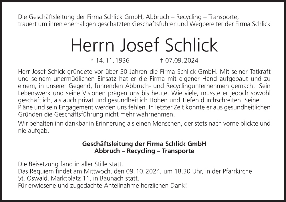 Traueranzeige für Josef Schlick vom 21.09.2024 aus MGO