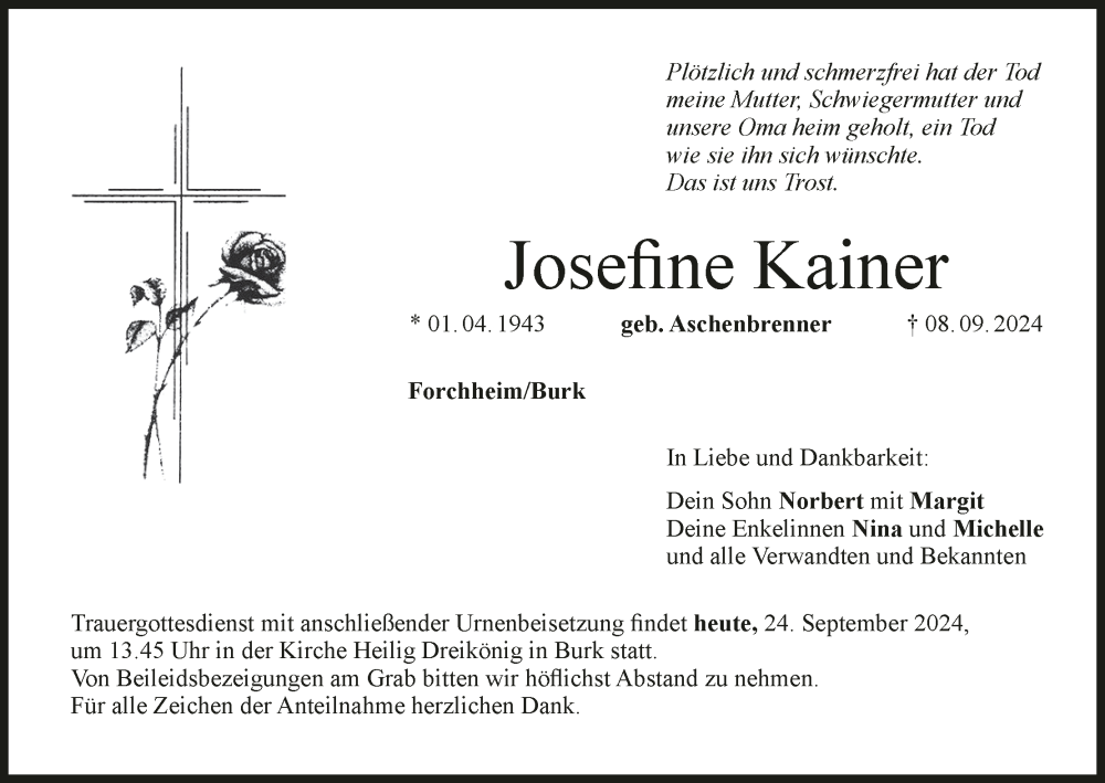  Traueranzeige für Josefine Kainer vom 24.09.2024 aus MGO