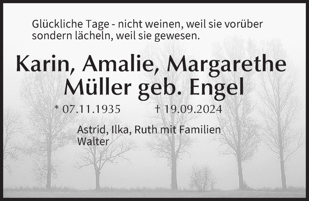  Traueranzeige für Karin, Amalie, Margarethe Müller vom 21.09.2024 aus MGO