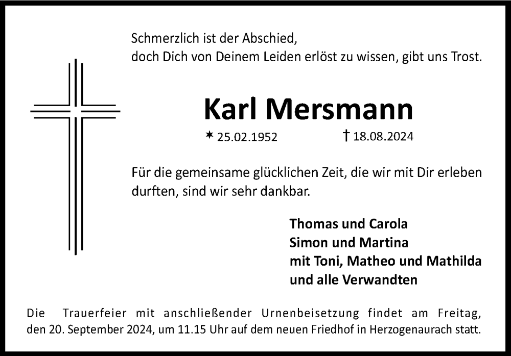  Traueranzeige für Karl Mersmann vom 14.09.2024 aus MGO
