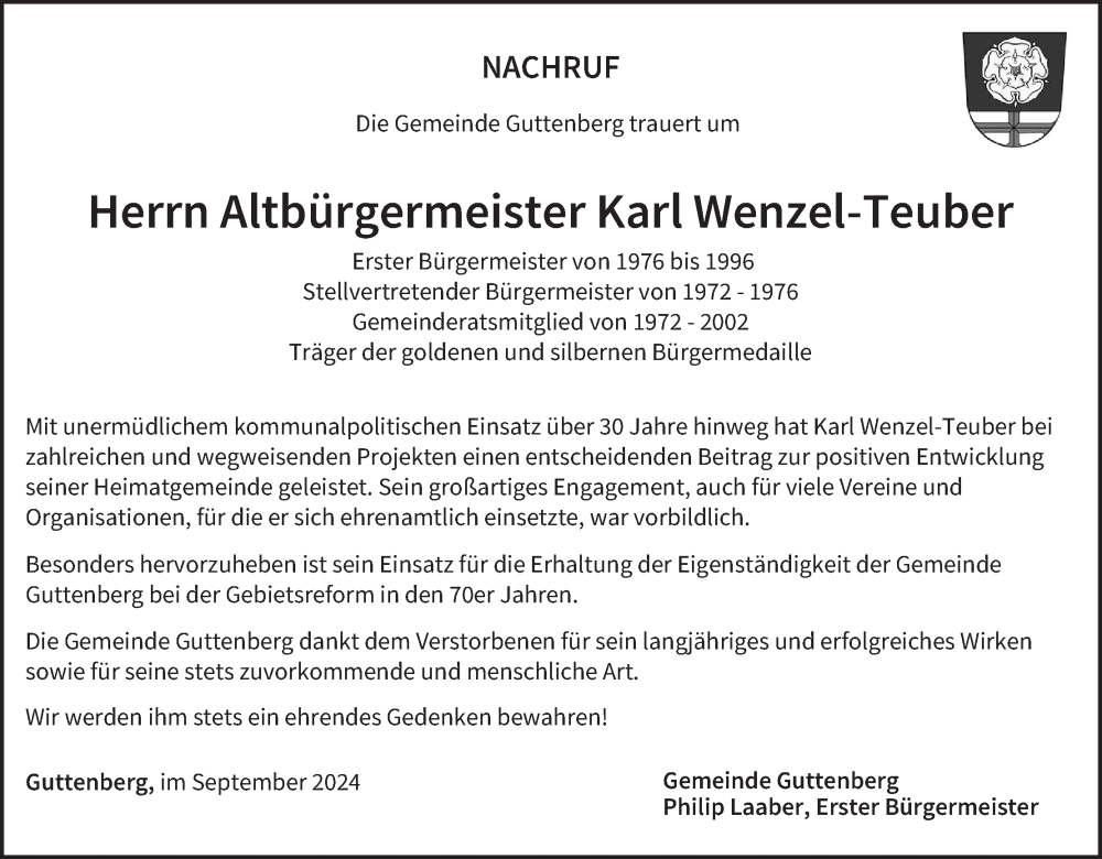  Traueranzeige für Karl Wenzel-Teuber vom 14.09.2024 aus MGO