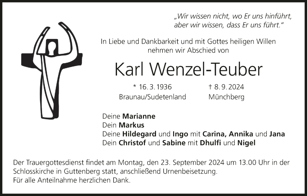  Traueranzeige für Karl Wenzel-Teuber vom 14.09.2024 aus MGO