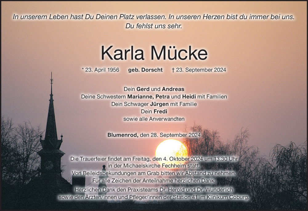  Traueranzeige für Karla Mücke vom 28.09.2024 aus MGO