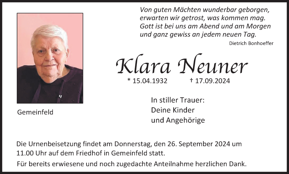  Traueranzeige für Klara Neuner vom 21.09.2024 aus MGO