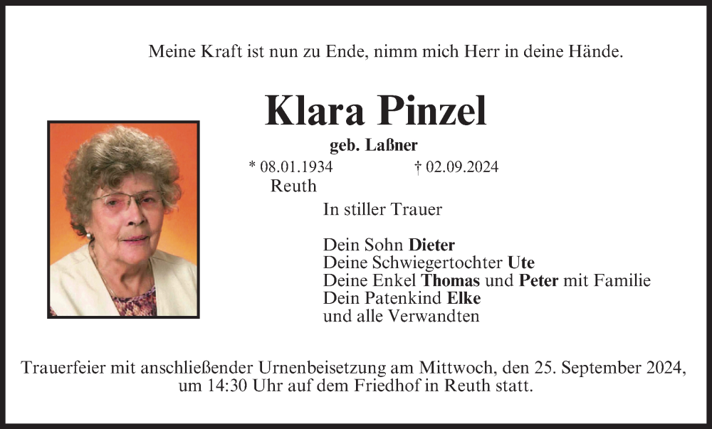  Traueranzeige für Klara Pinzel vom 21.09.2024 aus MGO