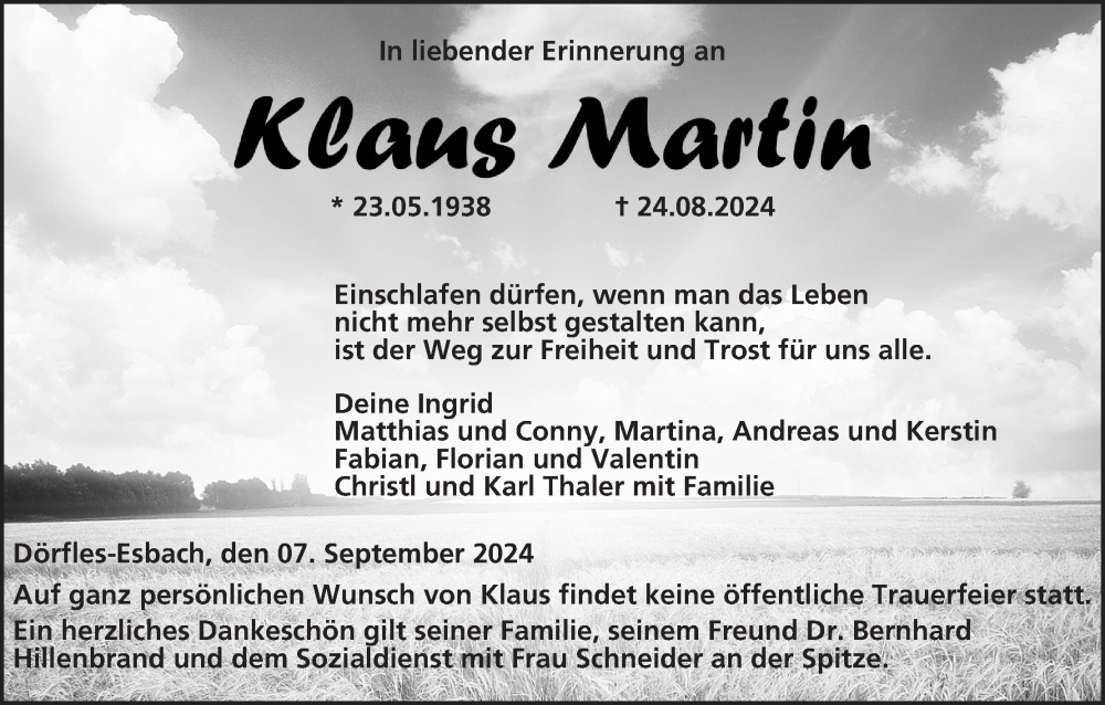  Traueranzeige für Klaus Martin vom 07.09.2024 aus MGO