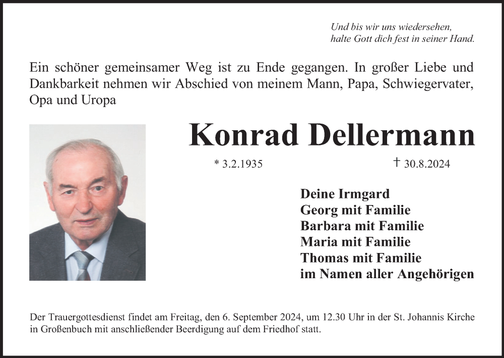  Traueranzeige für Konrad Dellermann vom 04.09.2024 aus MGO