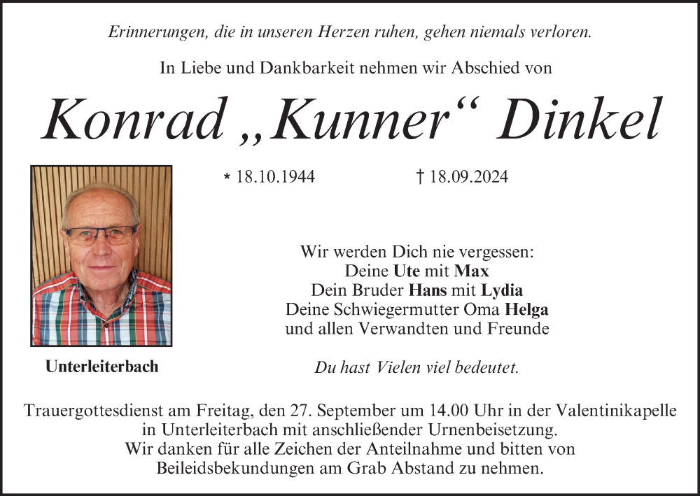  Traueranzeige für Konrad Dinkel vom 25.09.2024 aus MGO
