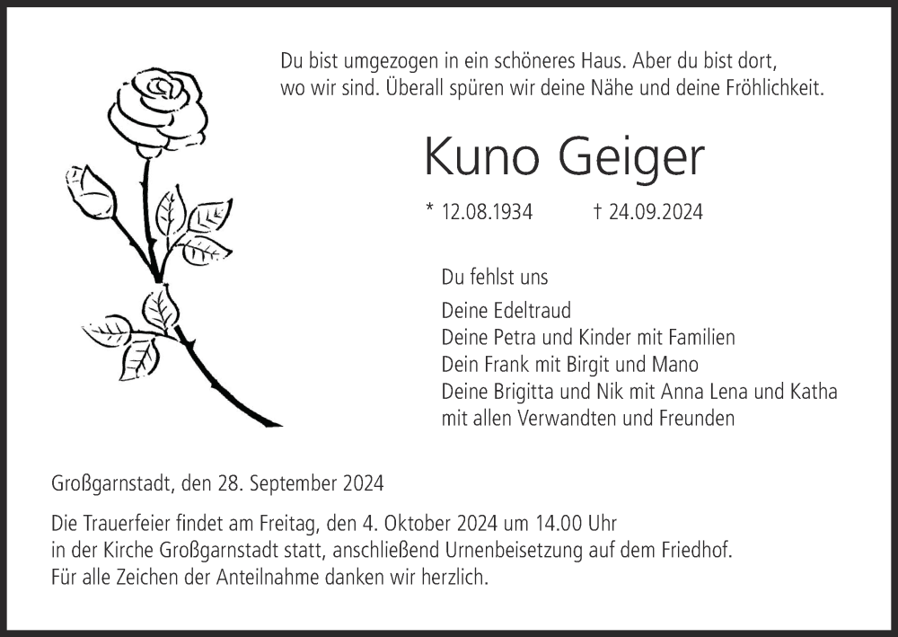  Traueranzeige für Kuno Geiger vom 28.09.2024 aus MGO