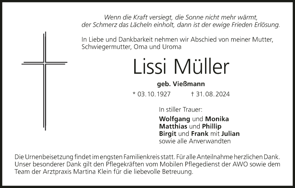  Traueranzeige für Lissi Müller vom 04.09.2024 aus MGO