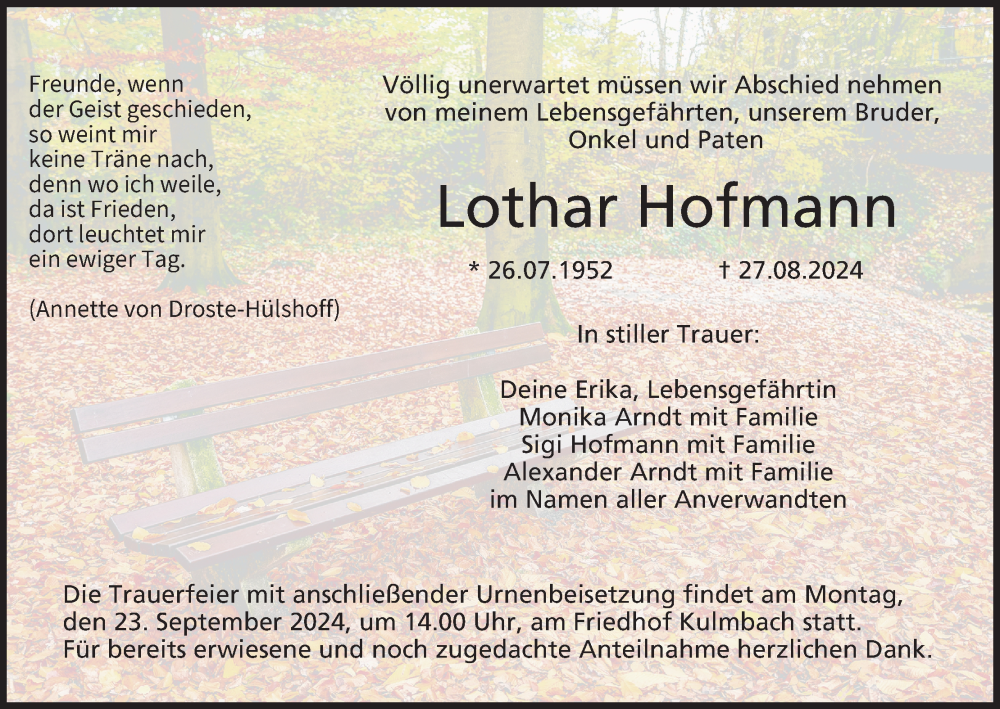  Traueranzeige für Lothar Hofmann vom 18.09.2024 aus MGO