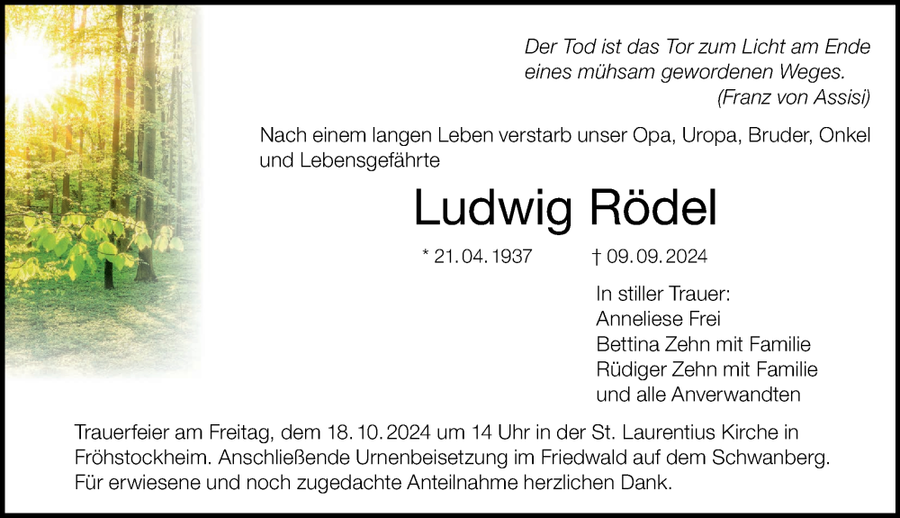  Traueranzeige für Ludwig Rödel vom 28.09.2024 aus MGO