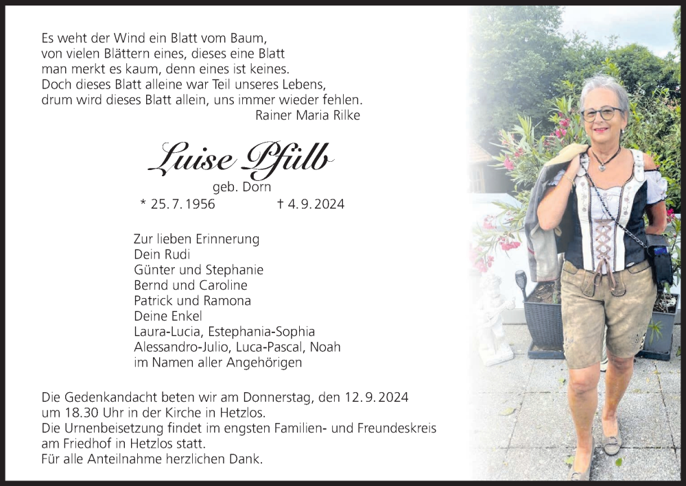  Traueranzeige für Luise Pfülb vom 07.09.2024 aus MGO