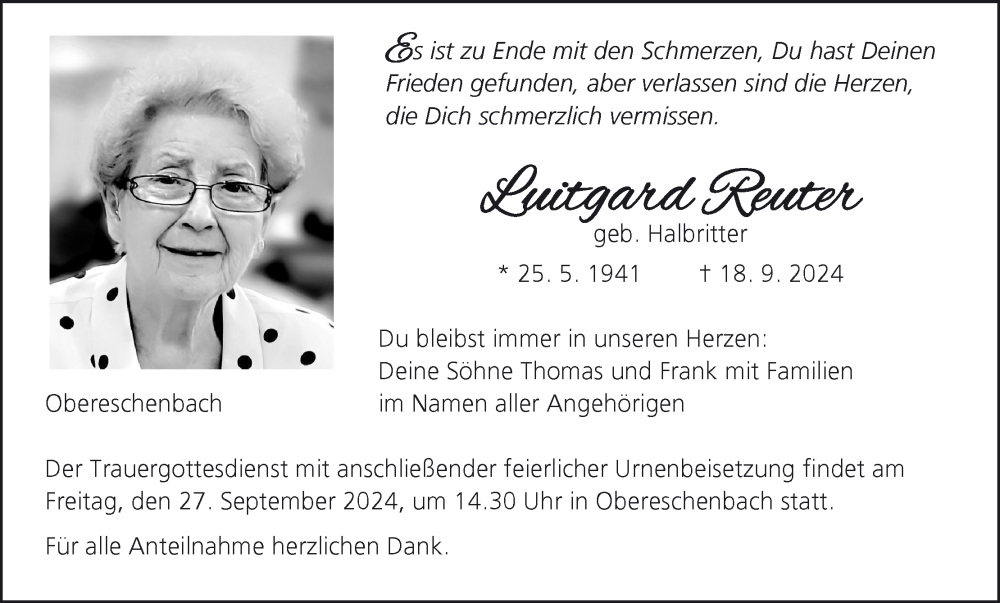  Traueranzeige für Luitgard Reuter vom 21.09.2024 aus MGO