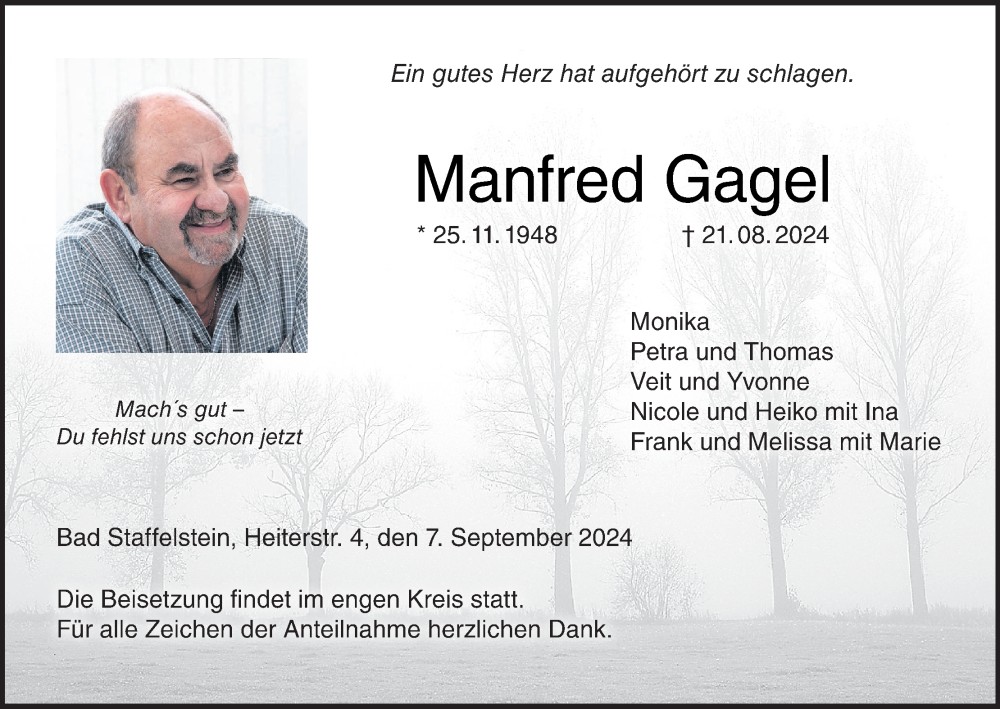  Traueranzeige für Manfred Gagel vom 07.09.2024 aus MGO