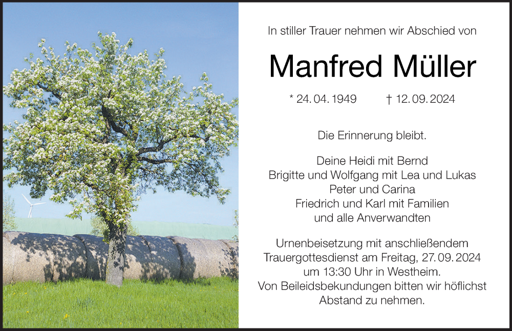  Traueranzeige für Manfred Müller vom 24.09.2024 aus MGO