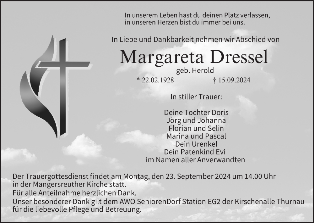  Traueranzeige für Margareta Dressel vom 19.09.2024 aus MGO