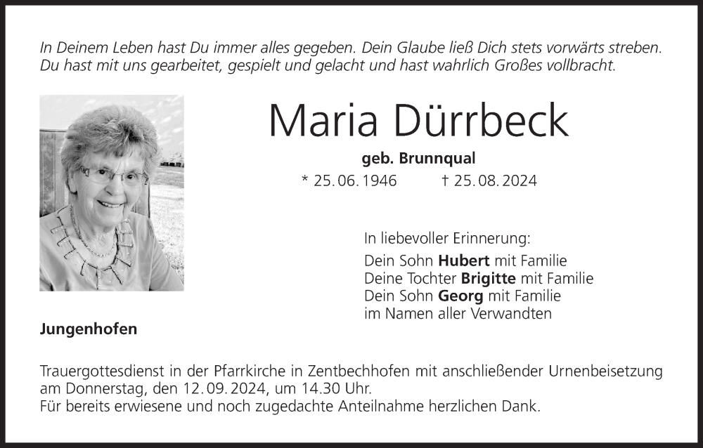  Traueranzeige für Maria Dürrbeck vom 07.09.2024 aus MGO