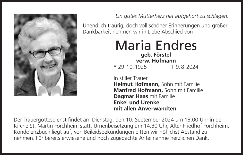  Traueranzeige für Maria Endres vom 07.09.2024 aus MGO