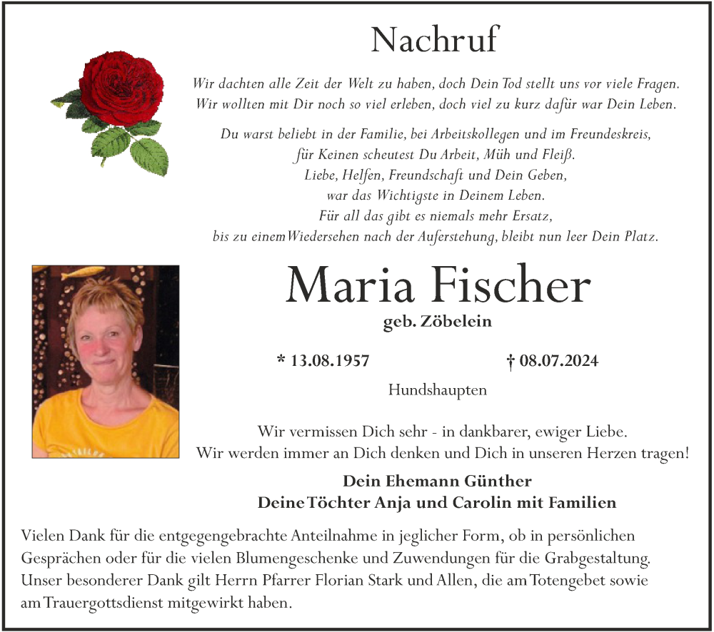  Traueranzeige für Maria Fischer vom 21.09.2024 aus MGO