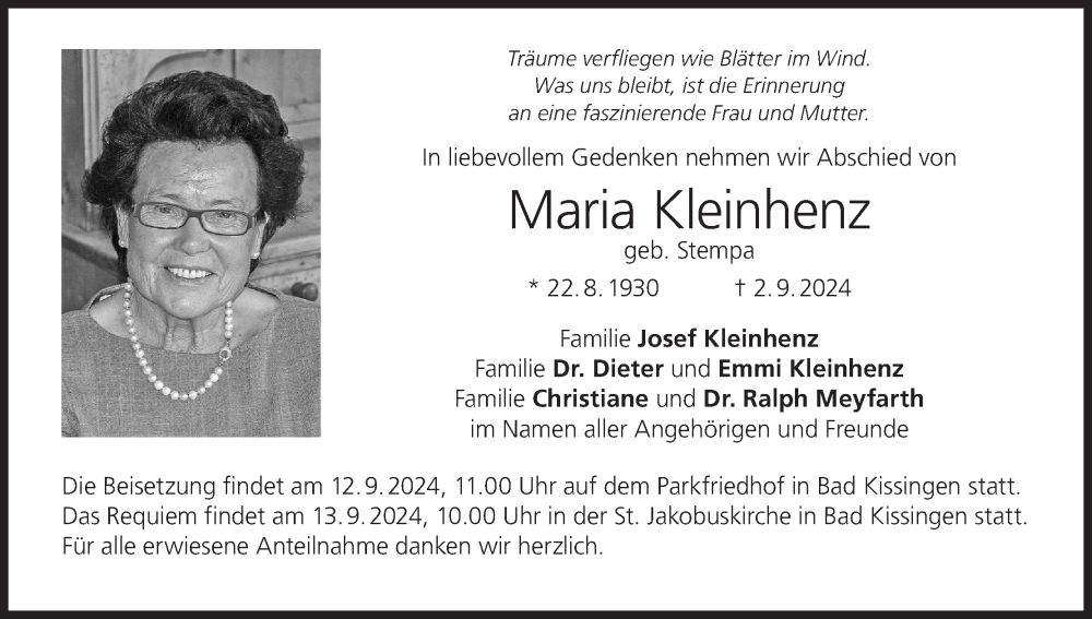  Traueranzeige für Maria Kleinhenz vom 07.09.2024 aus MGO