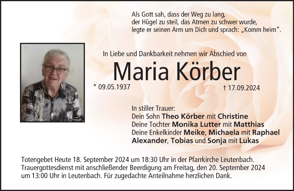  Traueranzeige für Maria Körber vom 18.09.2024 aus MGO
