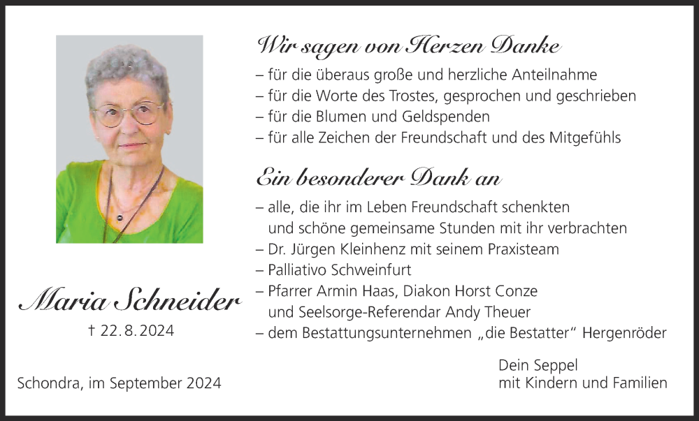  Traueranzeige für Maria Schneider vom 07.09.2024 aus MGO