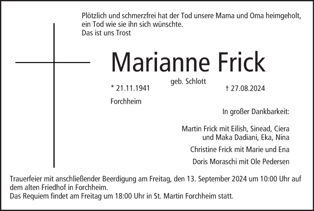  Traueranzeige für Marianne Frick vom 11.09.2024 aus MGO