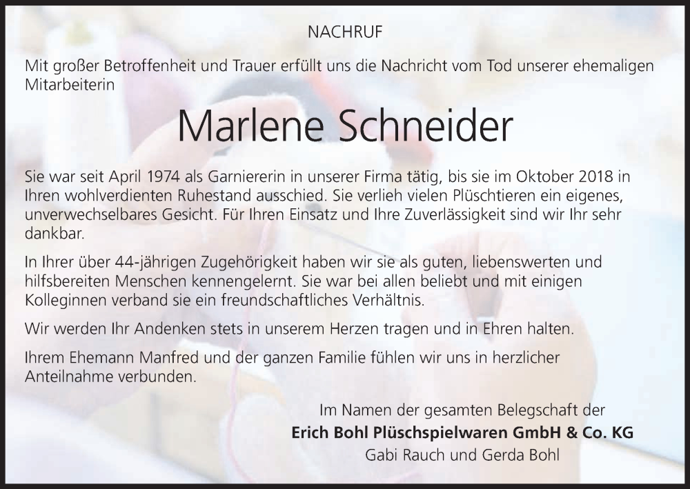  Traueranzeige für Marlene Schneider vom 20.09.2024 aus MGO