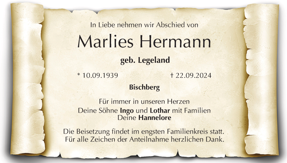  Traueranzeige für Marlies Hermann vom 28.09.2024 aus MGO