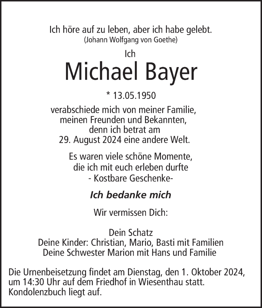  Traueranzeige für Michael Bayer vom 21.09.2024 aus MGO