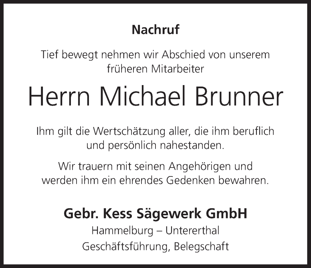  Traueranzeige für Michael Brunner vom 04.09.2024 aus MGO