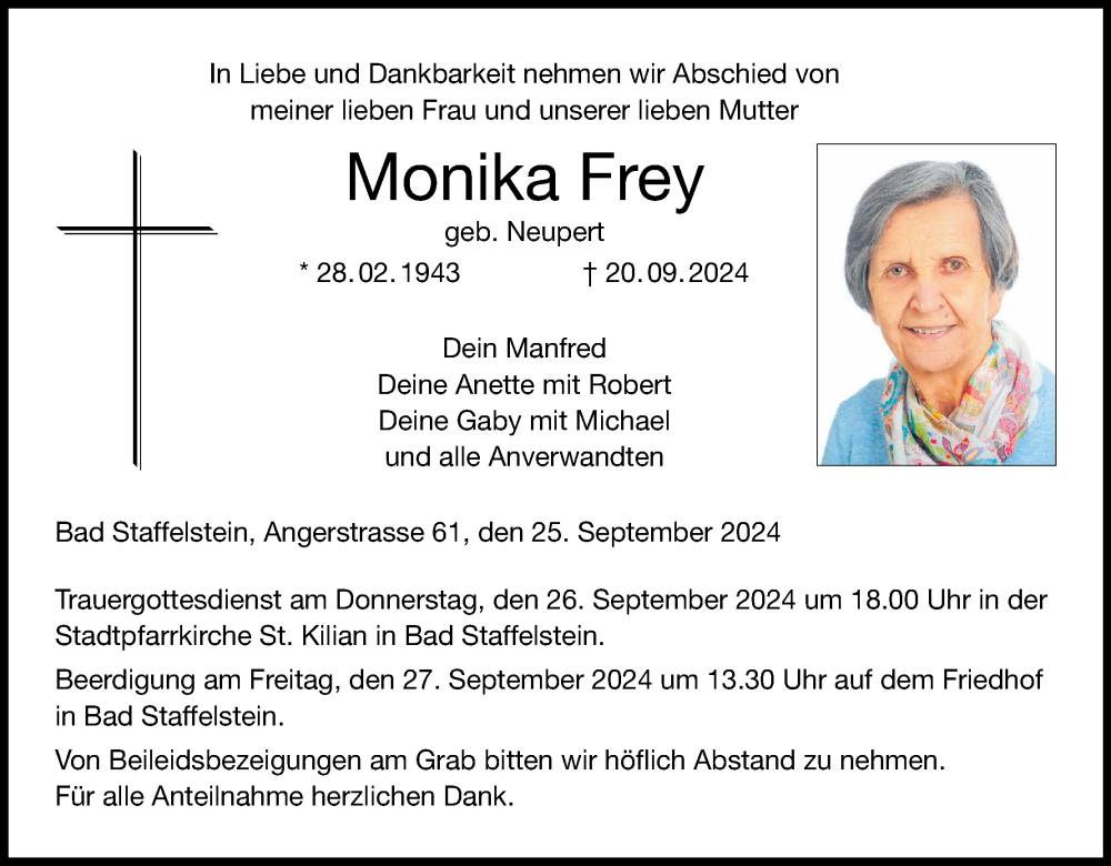  Traueranzeige für Monika Frey vom 25.09.2024 aus MGO