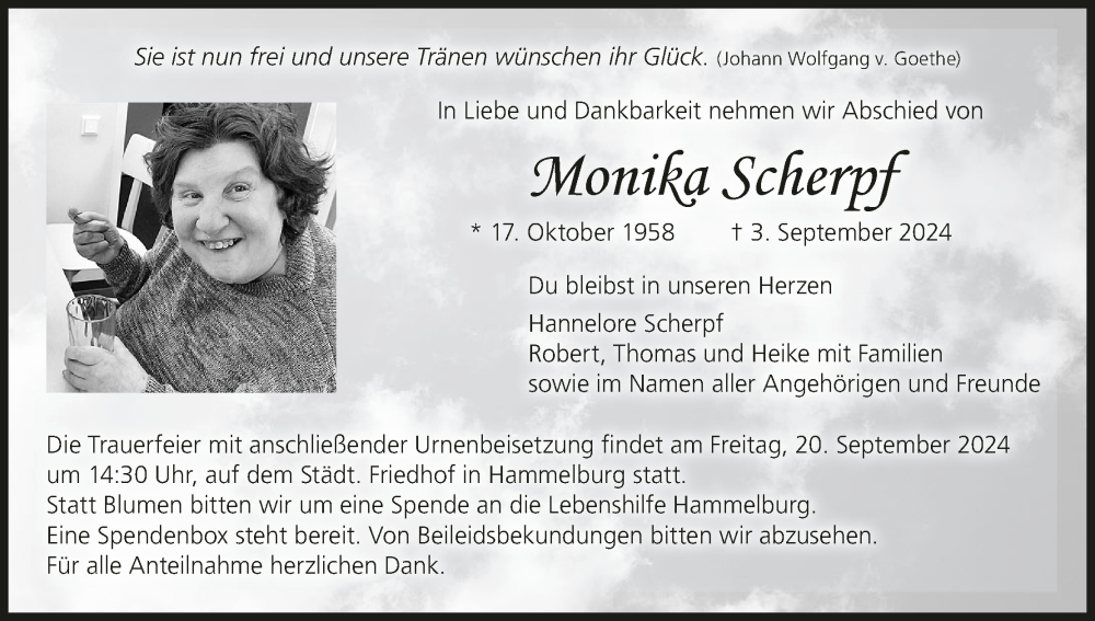  Traueranzeige für Monika Scherpf vom 18.09.2024 aus MGO