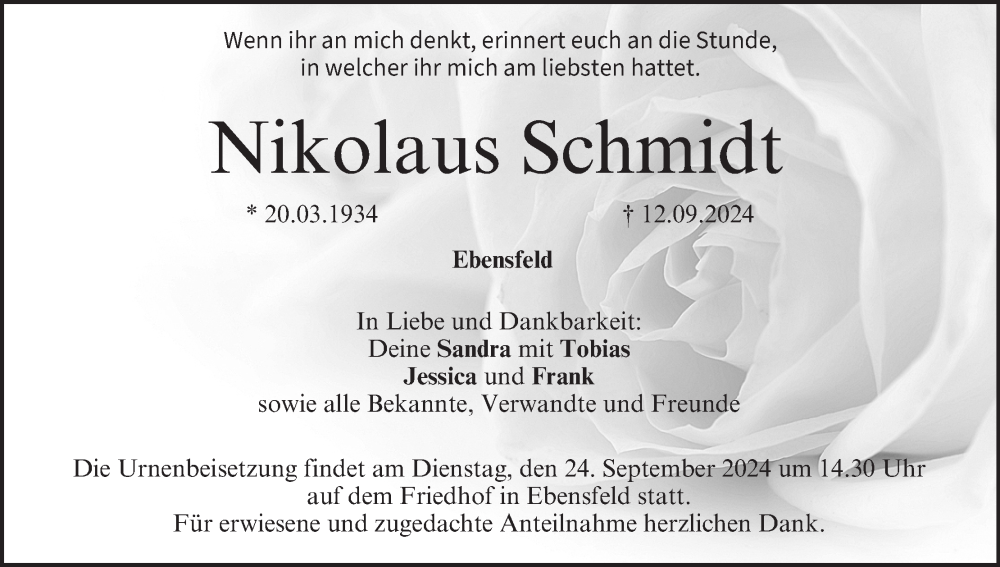  Traueranzeige für Nikolaus Schmidt vom 21.09.2024 aus MGO